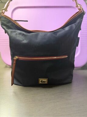 Dooney & Bourke Black Nylon Shoulder Bag with Brown Trim